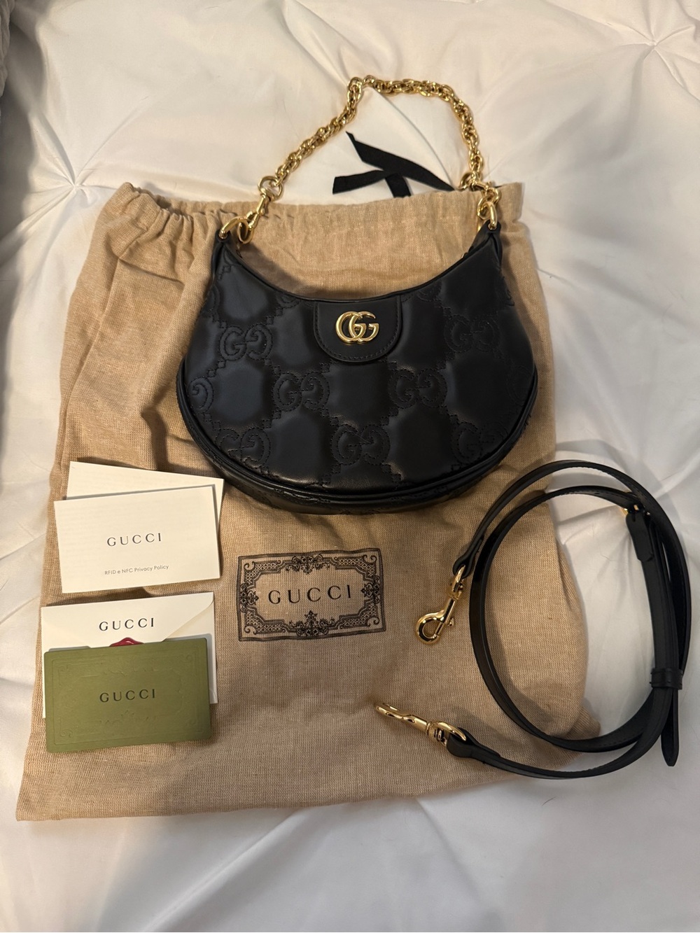 Gucci Black GG Embossed Leather Shoulder Bag with Gold Chain Handle